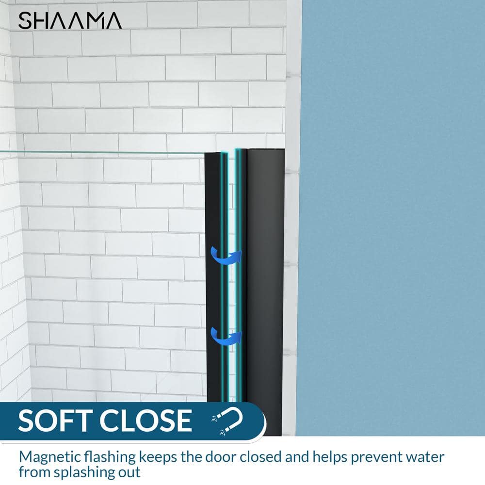 SHAAMA 23 to 24 in. W x 72 in. H Space Saving Pivot Semi-Frameless Swing Shower Door in Black Finish with Clear Tempered Glass