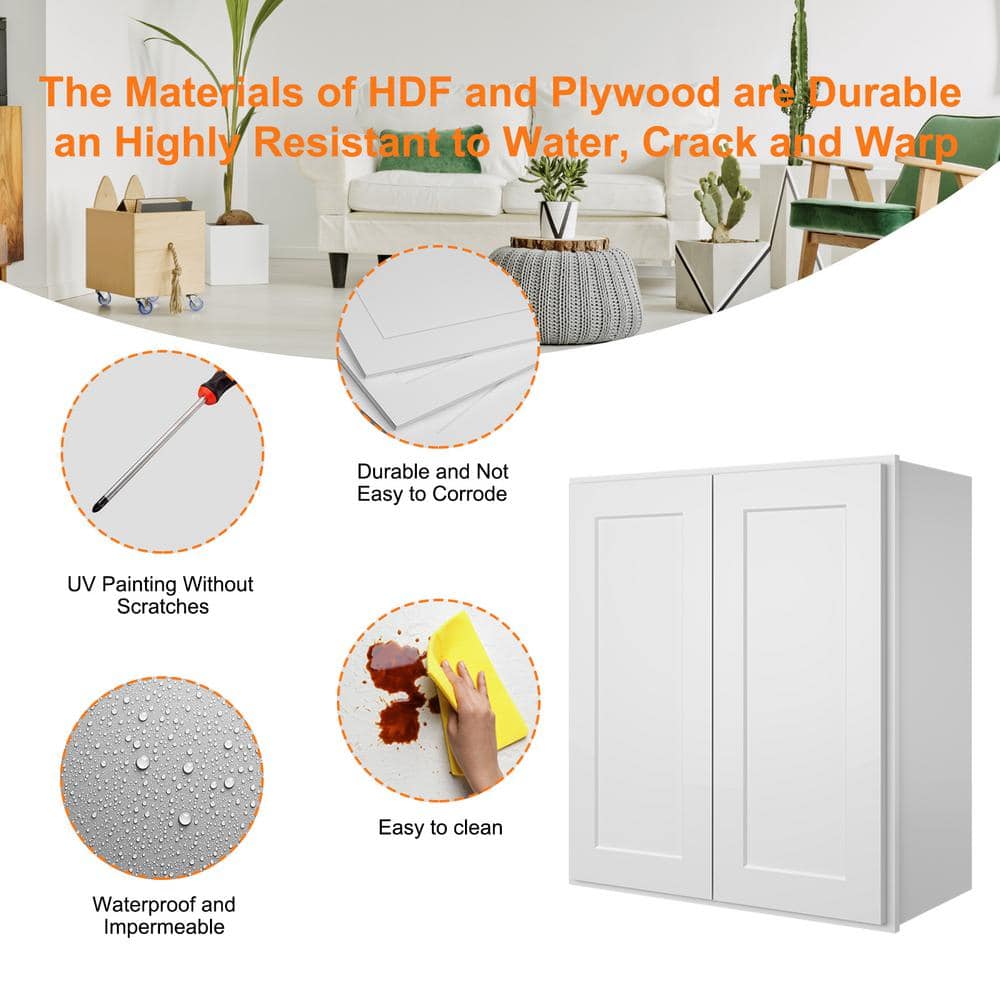 HOMEIBRO Newport Shaker White Ready to Assemble Wall Cabinet with 2-Doors 2-Shelves (33 in. W x 36 in. H x 12 in. D)