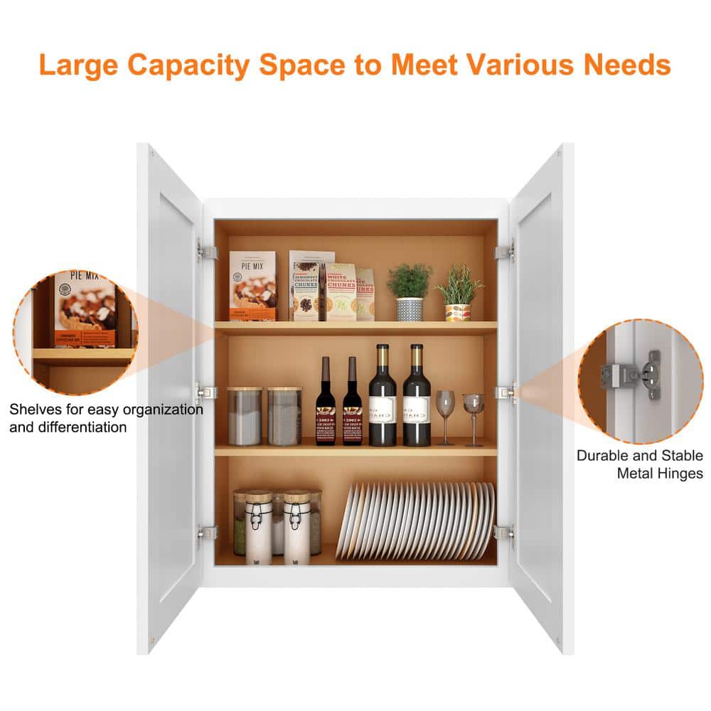 HOMEIBRO Newport Shaker White Ready to Assemble Wall Cabinet with 2-Doors 2-Shelves (33 in. W x 36 in. H x 12 in. D)