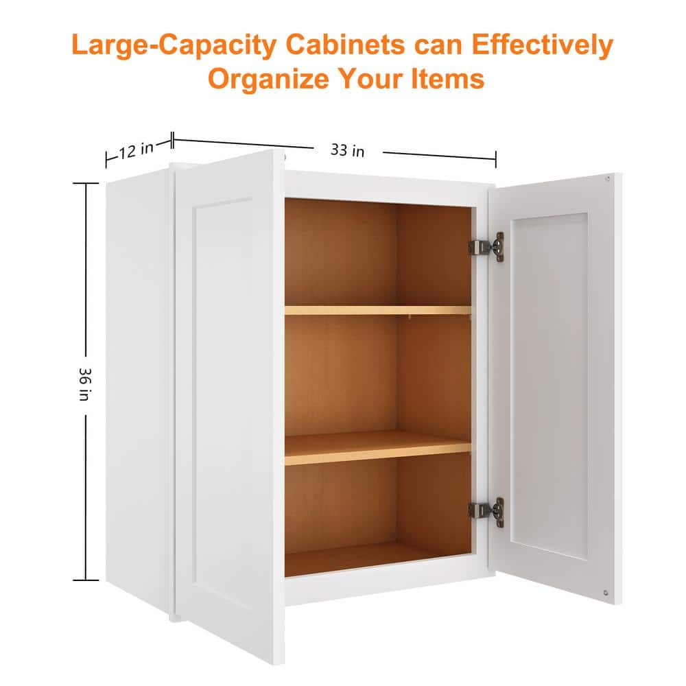 HOMEIBRO Newport Shaker White Ready to Assemble Wall Cabinet with 2-Doors 2-Shelves (33 in. W x 36 in. H x 12 in. D)