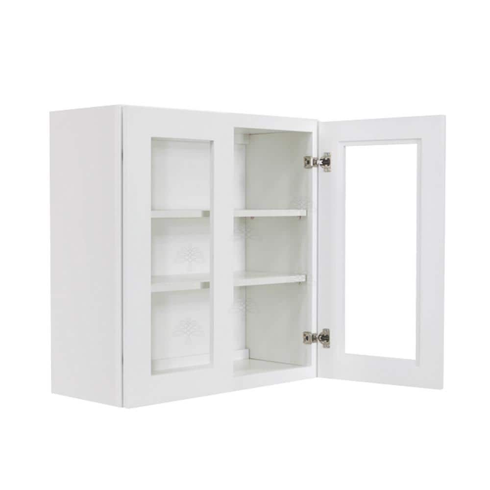 LIFEART CABINETRY Lancaster White Plywood Shaker Stock Assembled Wall Glass Door Kitchen Cabinet 27 in. W x 36 in. H x 12 in. D