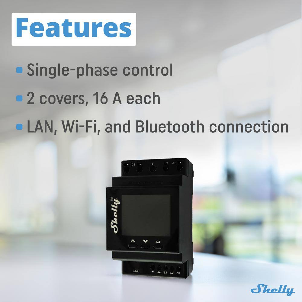 Shelly Pro Dual Cover/Shutter PM, LAN, Wi-Fi and Bluetooth, Professional DIN Rail Smart Controller With 2 Covers, 16A Each