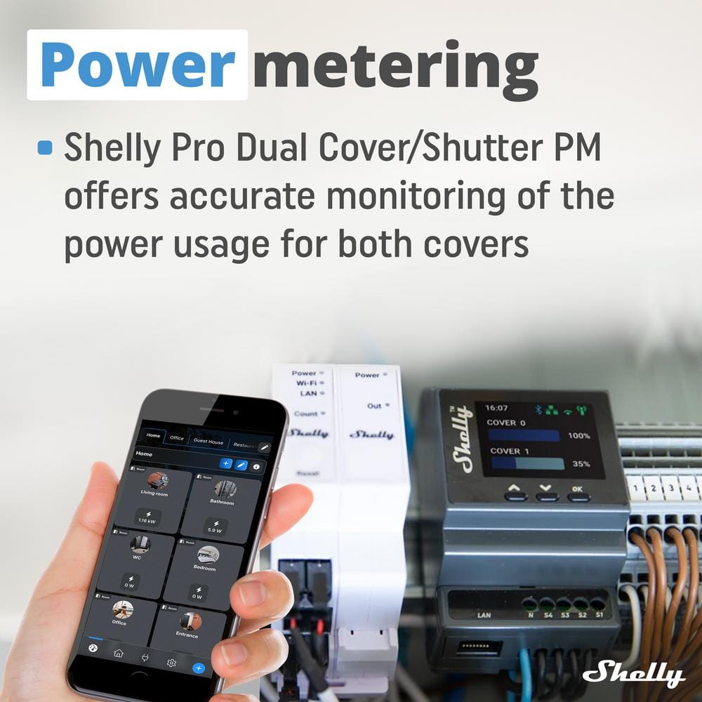 Shelly Pro Dual Cover/Shutter PM, LAN, Wi-Fi and Bluetooth, Professional DIN Rail Smart Controller With 2 Covers, 16A Each