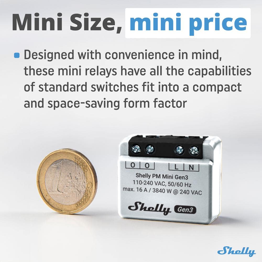 Shelly PM Mini Gen 3, WiFi and Bluetooth Smart Power Meter 1 Channel 16A, Home Automation, Smart Schedules (2-Pack)