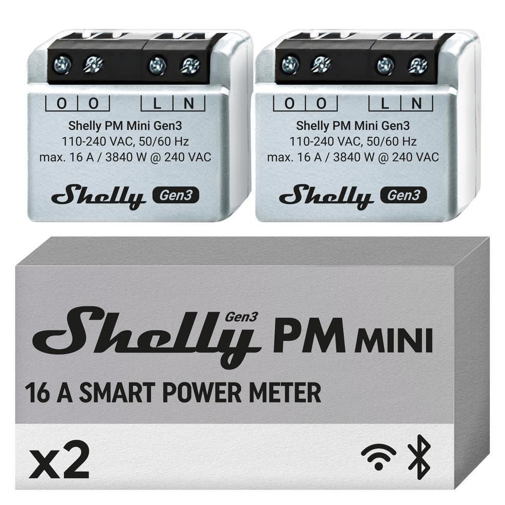 Shelly PM Mini Gen 3, WiFi and Bluetooth Smart Power Meter 1 Channel 16A, Home Automation, Smart Schedules (2-Pack)