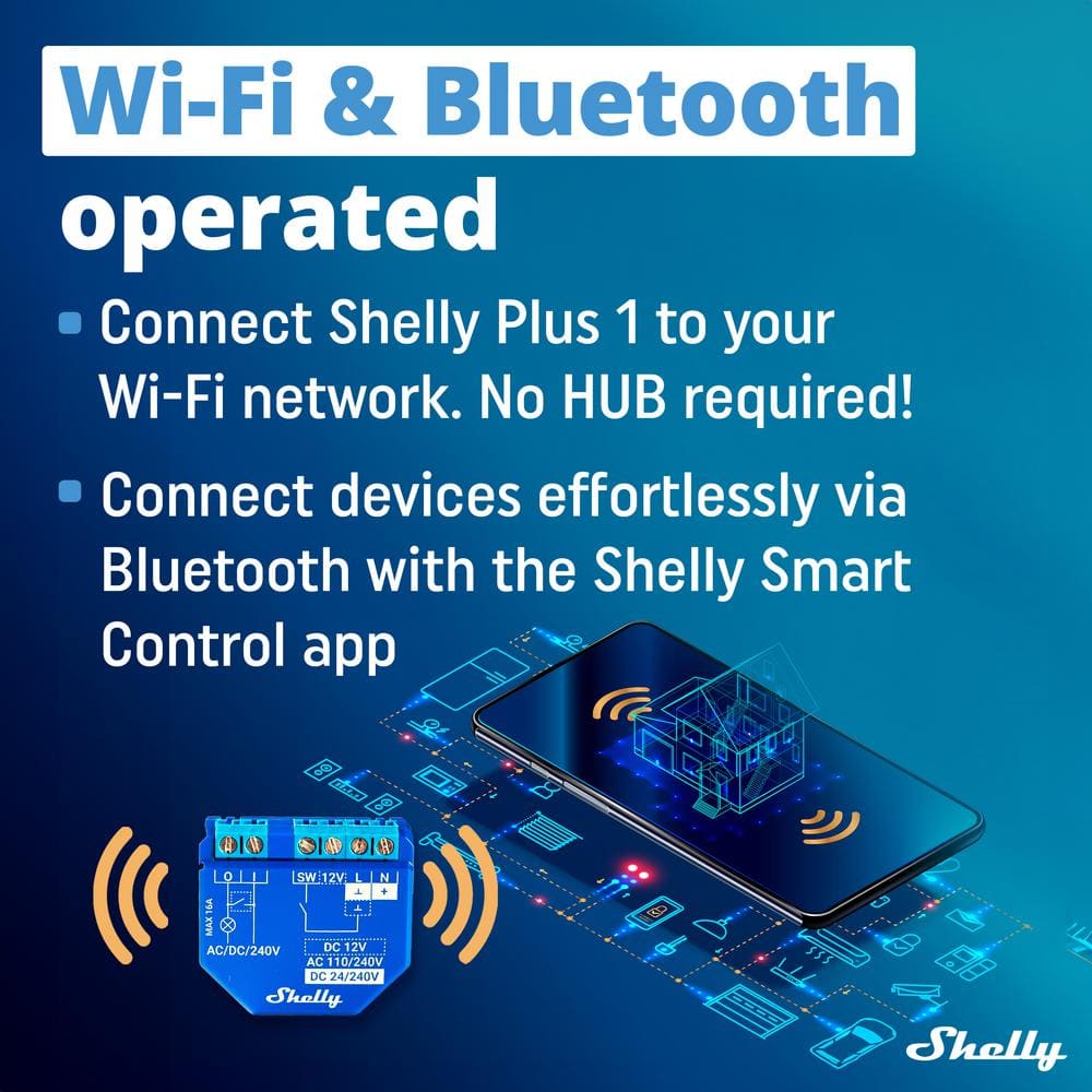 Shelly Plus 1 UL, 15A, WiFi and Bluetooth Smart Relay Switch with Dry Contacts, DIY Remote Control, Garage Door Opener