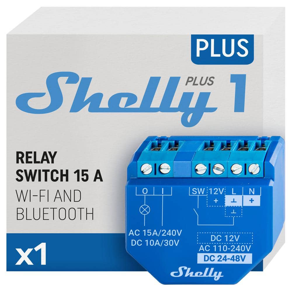 Shelly Plus 1 UL, 15A, WiFi and Bluetooth Smart Relay Switch with Dry Contacts, DIY Remote Control, Garage Door Opener