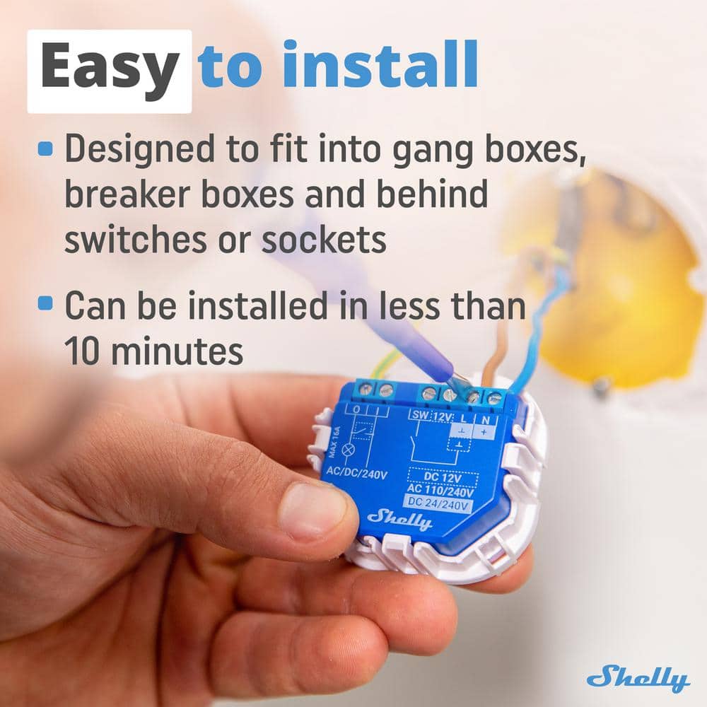Shelly Plus 1 UL, 15A, WiFi and Bluetooth Smart Relay Switch with Dry Contacts, DIY Remote Control, Garage Door Opener