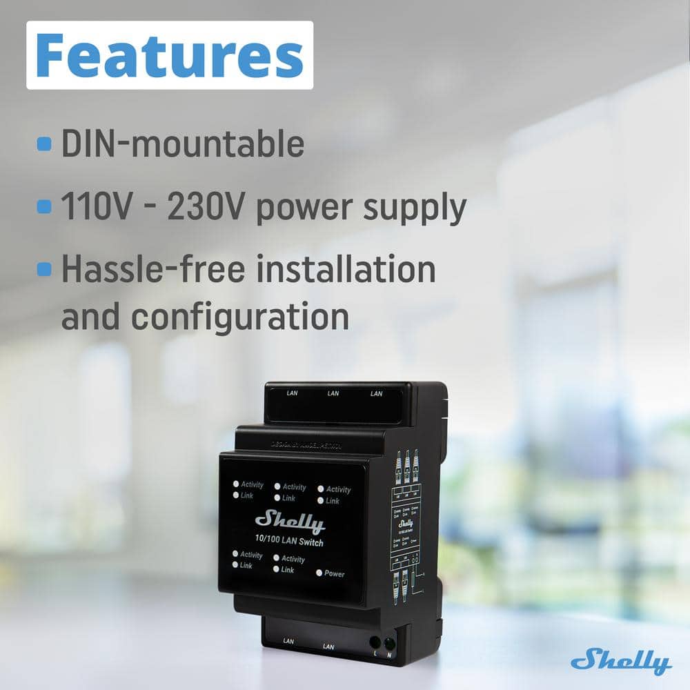 Shelly LAN Switch, 5 Port RJ45 10/100 Mbps Fast Ethernet Switch, DIN-Mountable, Fanless, Plug and Play, Energy-Saving