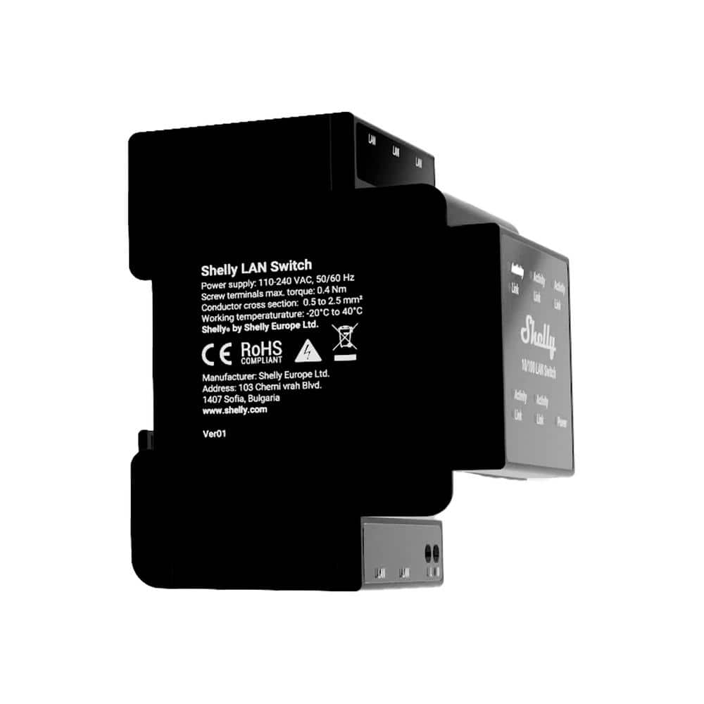 Shelly LAN Switch, 5 Port RJ45 10/100 Mbps Fast Ethernet Switch, DIN-Mountable, Fanless, Plug and Play, Energy-Saving