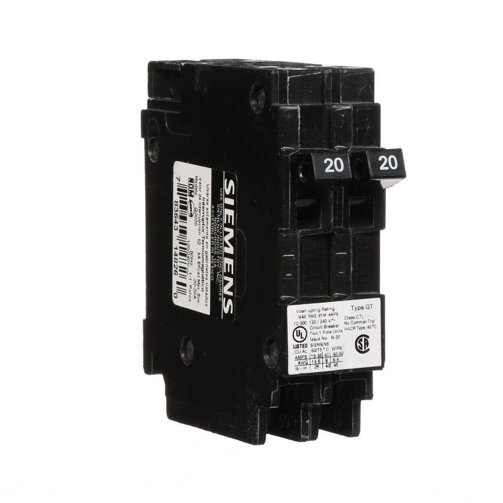 Siemens 20 Amp Tandem Single Pole Type QT Circuit Breaker