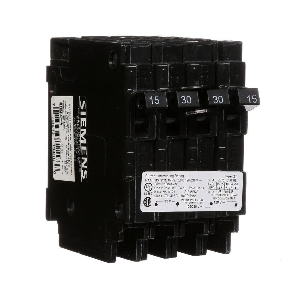 Siemens Triplex 2-Outer 15 Amp Single-Pole and 1-Inner 30 Amp Double-Pole Circuit Breaker