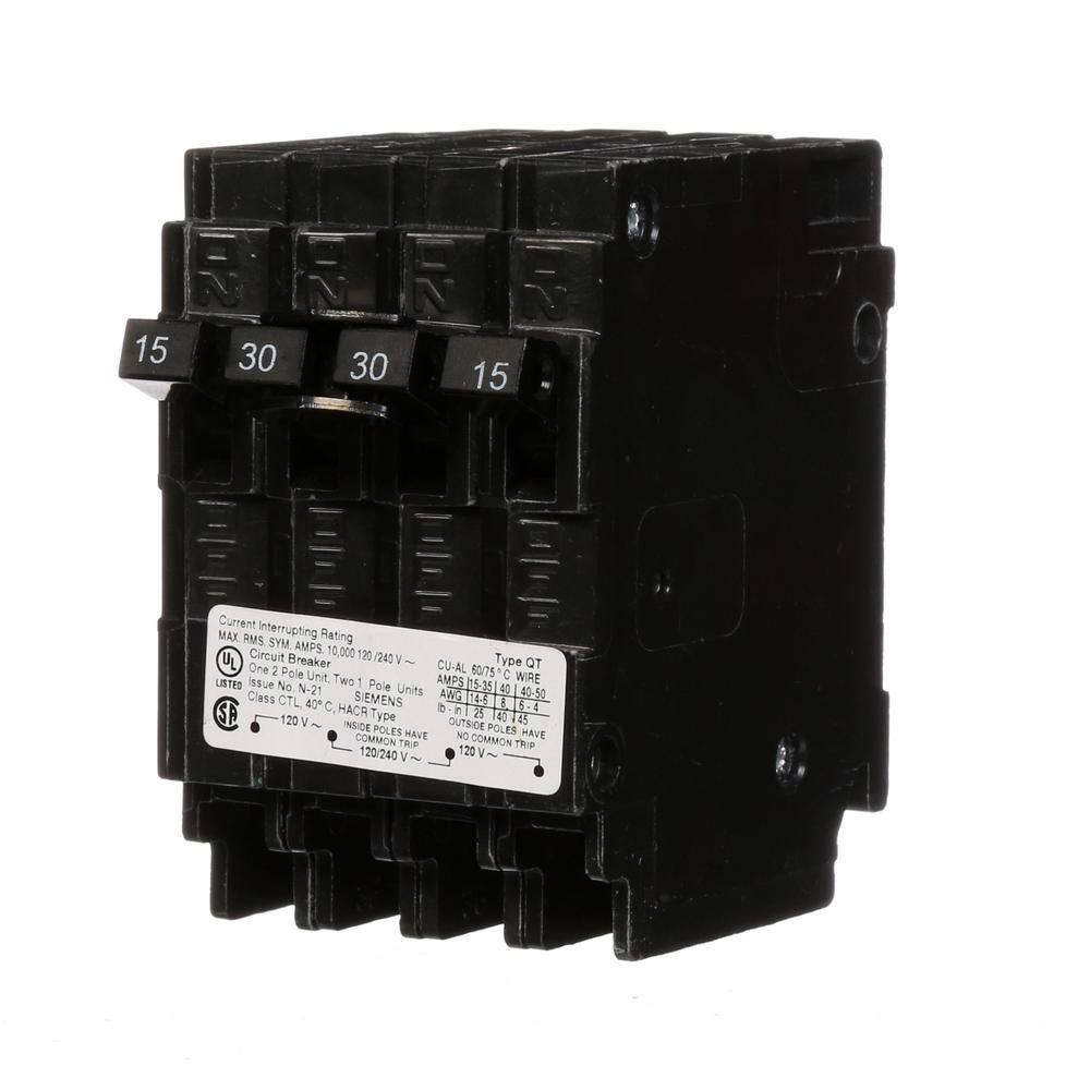 Siemens Triplex 2-Outer 15 Amp Single-Pole and 1-Inner 30 Amp Double-Pole Circuit Breaker