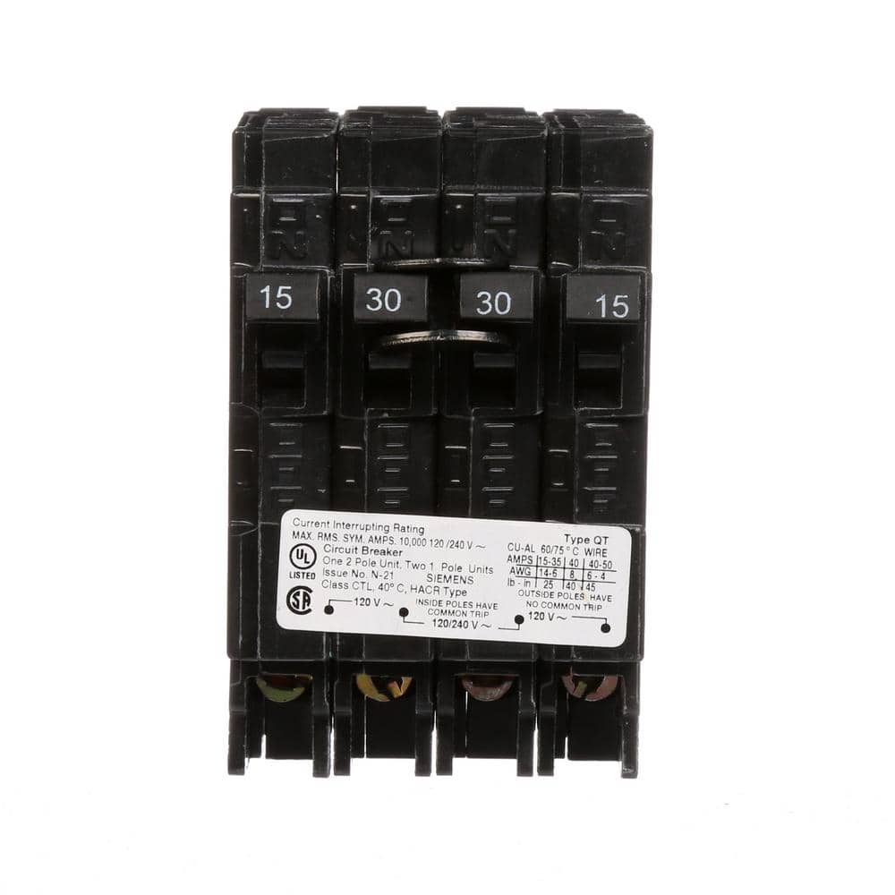 Siemens Triplex 2-Outer 15 Amp Single-Pole and 1-Inner 30 Amp Double-Pole Circuit Breaker
