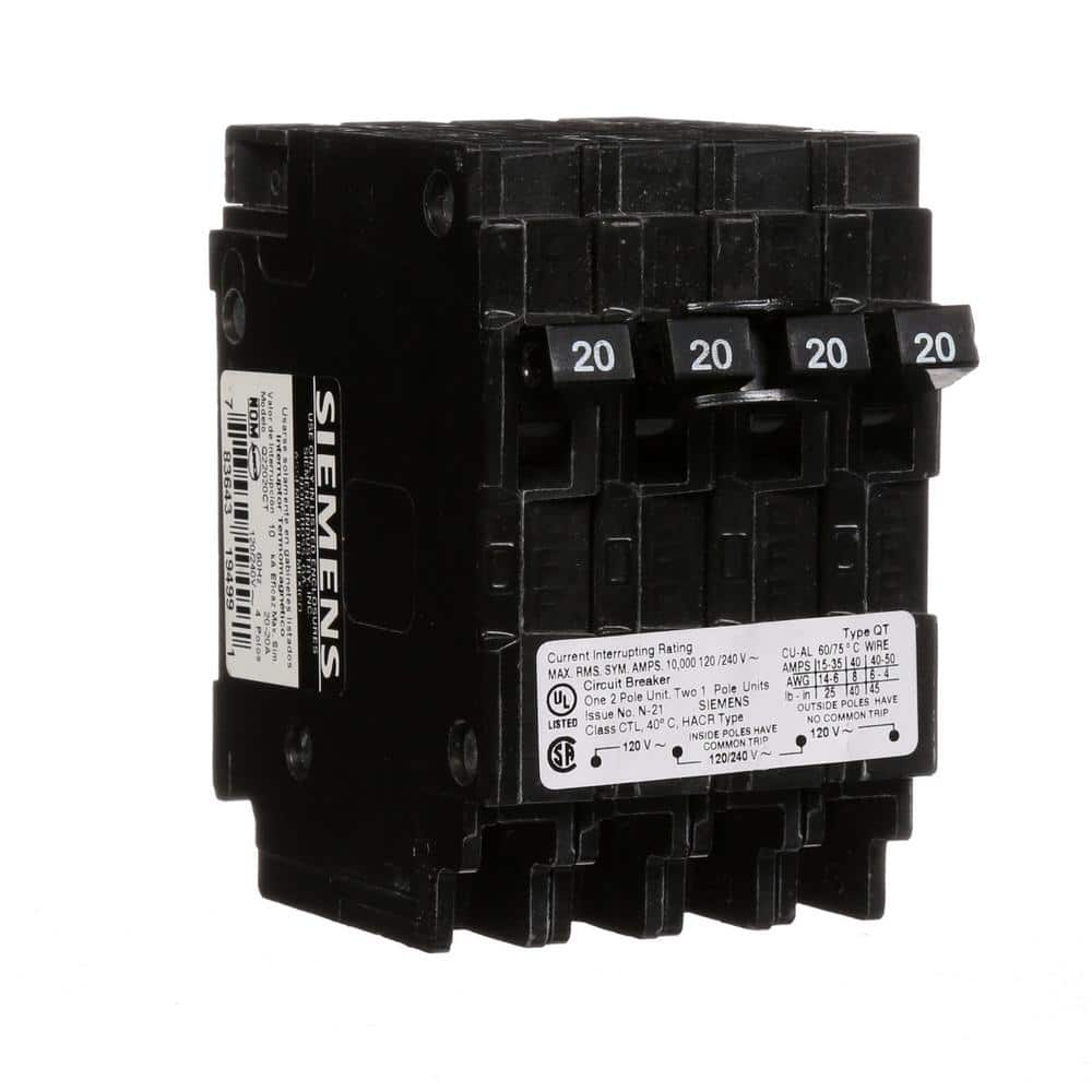 Siemens Triplex Two Outer 20 Amp Single-Pole and One Inner 20 Amp Double-Pole Circuit Breaker