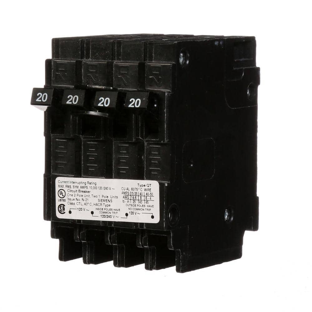 Siemens Triplex Two Outer 20 Amp Single-Pole and One Inner 20 Amp Double-Pole Circuit Breaker