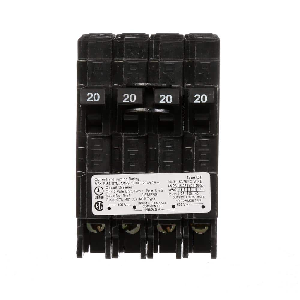 Siemens Triplex Two Outer 20 Amp Single-Pole and One Inner 20 Amp Double-Pole Circuit Breaker