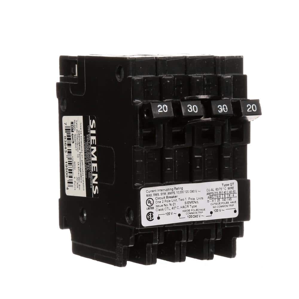 Siemens Triplex 2-Outer 20 Amp Single-Pole and 1-Inner 30 Amp Double-Pole Circuit Breaker