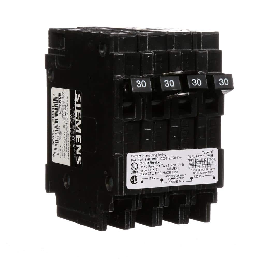 Siemens 30 Amp Double-Pole and (2) 30 Amp Single-Pole Type QT Quad Circuit Breaker