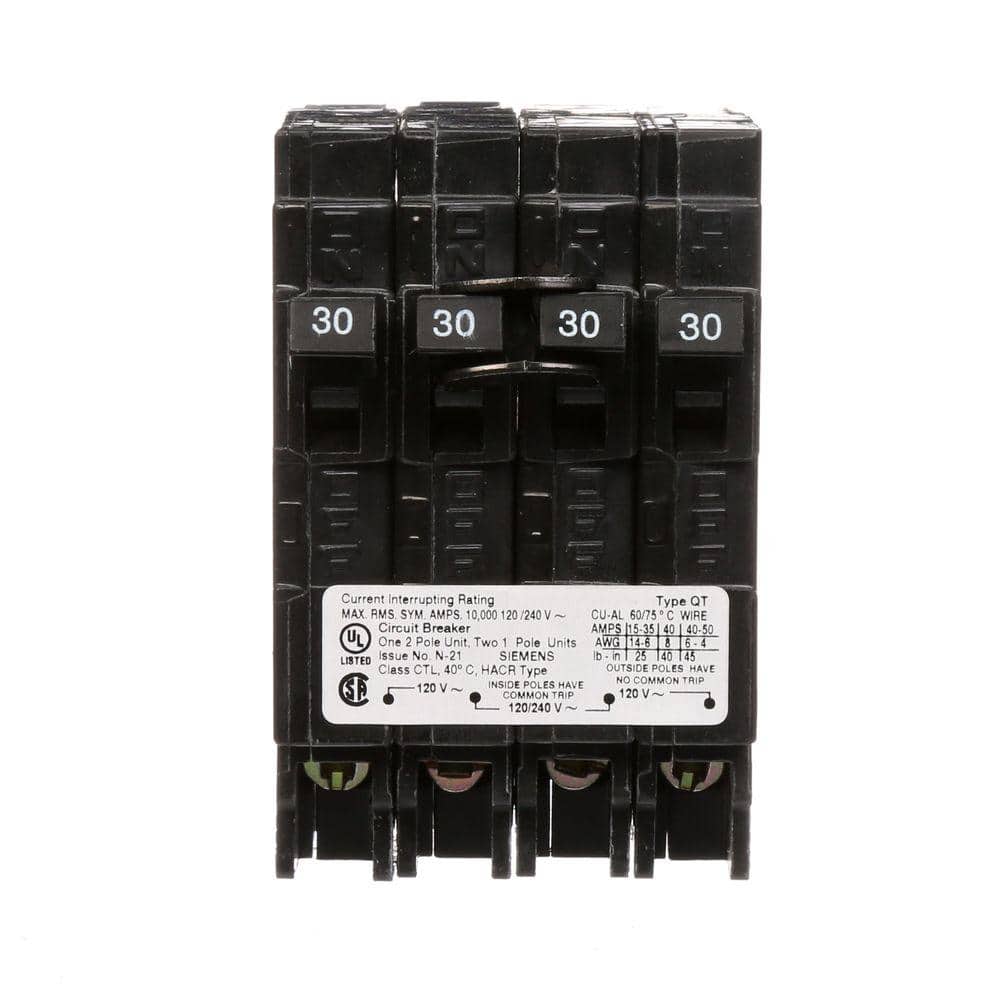 Siemens 30 Amp Double-Pole and (2) 30 Amp Single-Pole Type QT Quad Circuit Breaker