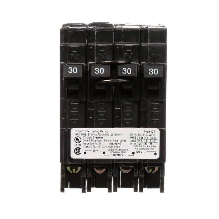 Siemens 30 Amp Double-Pole and (2) 30 Amp Single-Pole Type QT Quad Circuit Breaker
