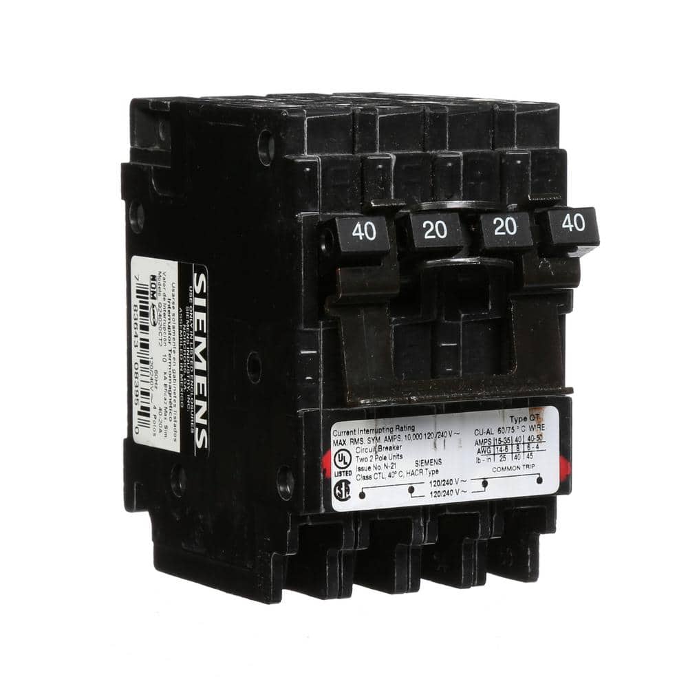 Siemens 20 Amp Double-Pole and 40 Amp Double-Pole Type QT Quad Circuit Breaker