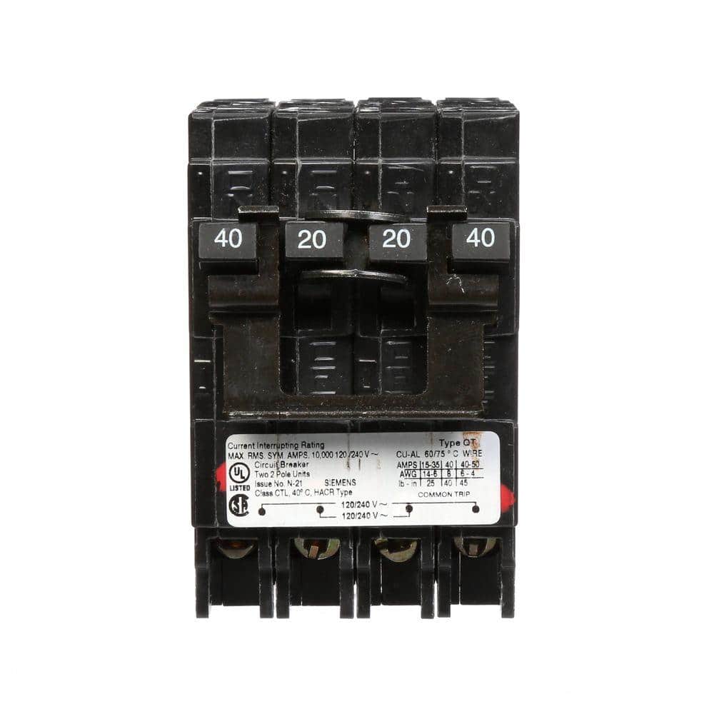 Siemens 20 Amp Double-Pole and 40 Amp Double-Pole Type QT Quad Circuit Breaker