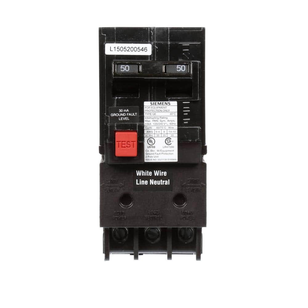 Siemens 50 Amp Double Pole Type QE Ground Fault Equipment Protection Circuit Breaker