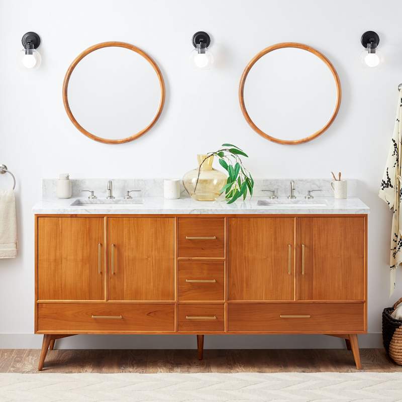 Signature Hardware Novak 72" Freestanding Teak Double Vanity Set with Carrara Marble Top, Rectangular Undermount Sinks, 8" Widespread Faucet Holes