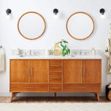 Signature Hardware Novak 72" Freestanding Teak Double Vanity Set with Carrara Marble Top, Rectangular Undermount Sinks, 8" Widespread Faucet Holes