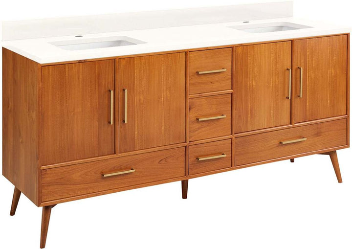 Signature Hardware Novak 72-inch Freestanding Teak Double-Basin Vanity Set with Cabinet, 73-inch Vanity Top, Rectangular Undermount Sinks, Single Faucet Holes