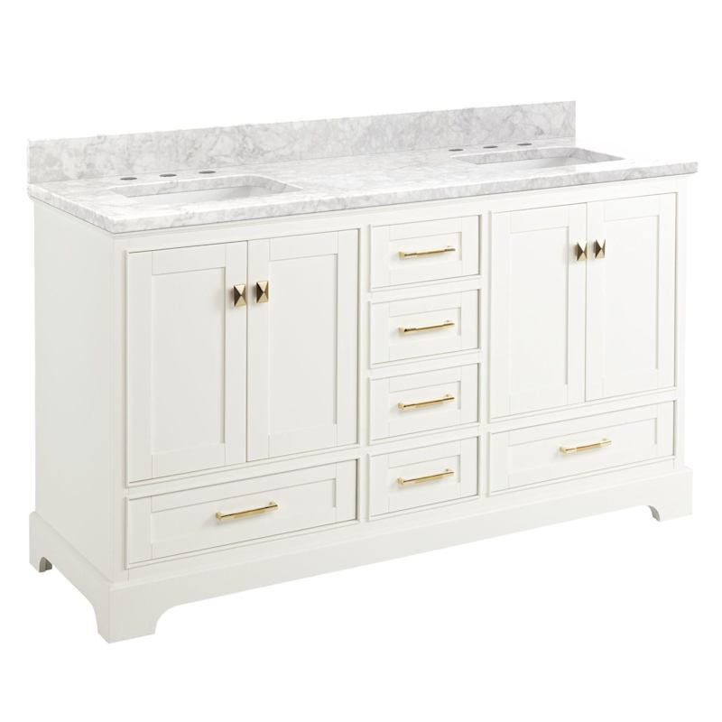 Signature Hardware Quen 60" Freestanding Double-Basin Vanity Set with Cabinet, Carrara Marble Top, and Rectangular Undermount Sinks – 8" Widespread Faucet Holes