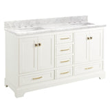 Signature Hardware Quen 60" Freestanding Double-Basin Vanity Set with Cabinet, Carrara Marble Top, and Rectangular Undermount Sinks – 8" Widespread Faucet Holes