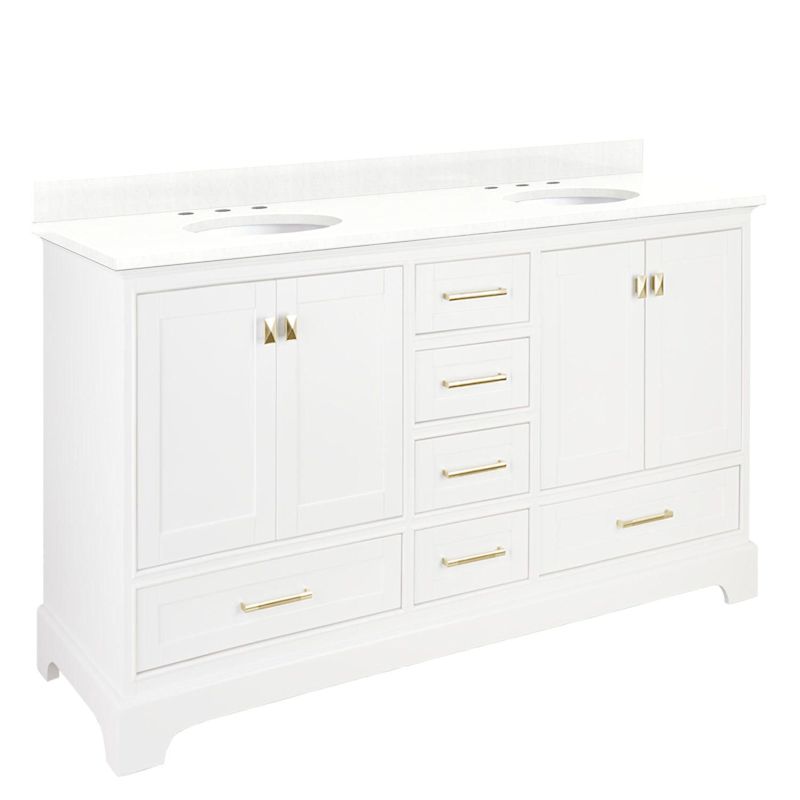 Signature Hardware Quen 72" Freestanding Double Basin Vanity Set with Cabinet, Vanity Top, and Oval Undermount Sinks – 8" Faucet Centers (Soft White / Feathered White)