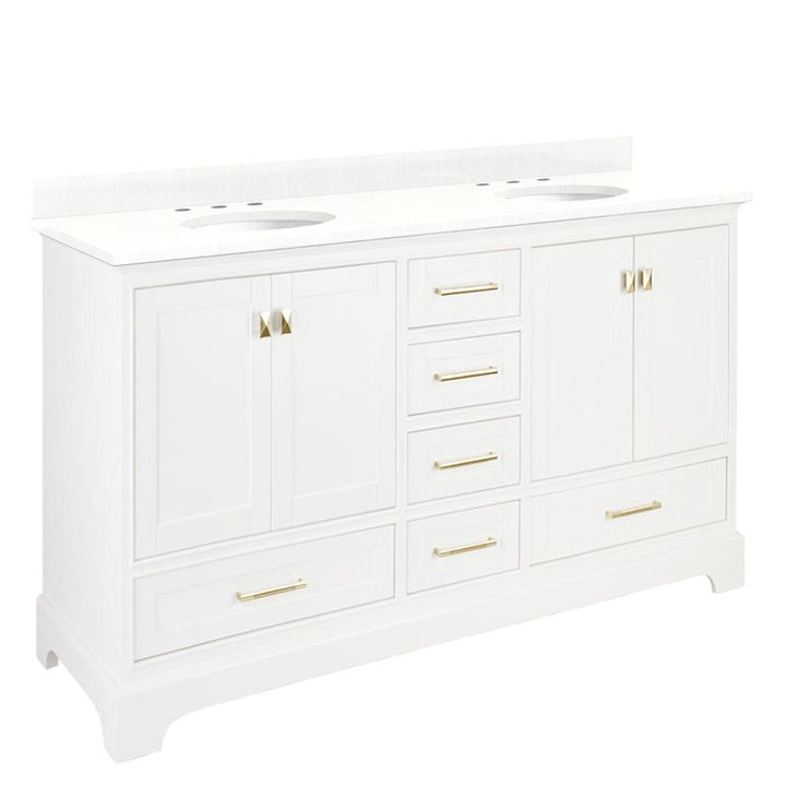 Signature Hardware Quen 72" Freestanding Double Basin Vanity Set with Cabinet, Vanity Top, and Oval Undermount Sinks – 8" Faucet Centers (Soft White / Feathered White)