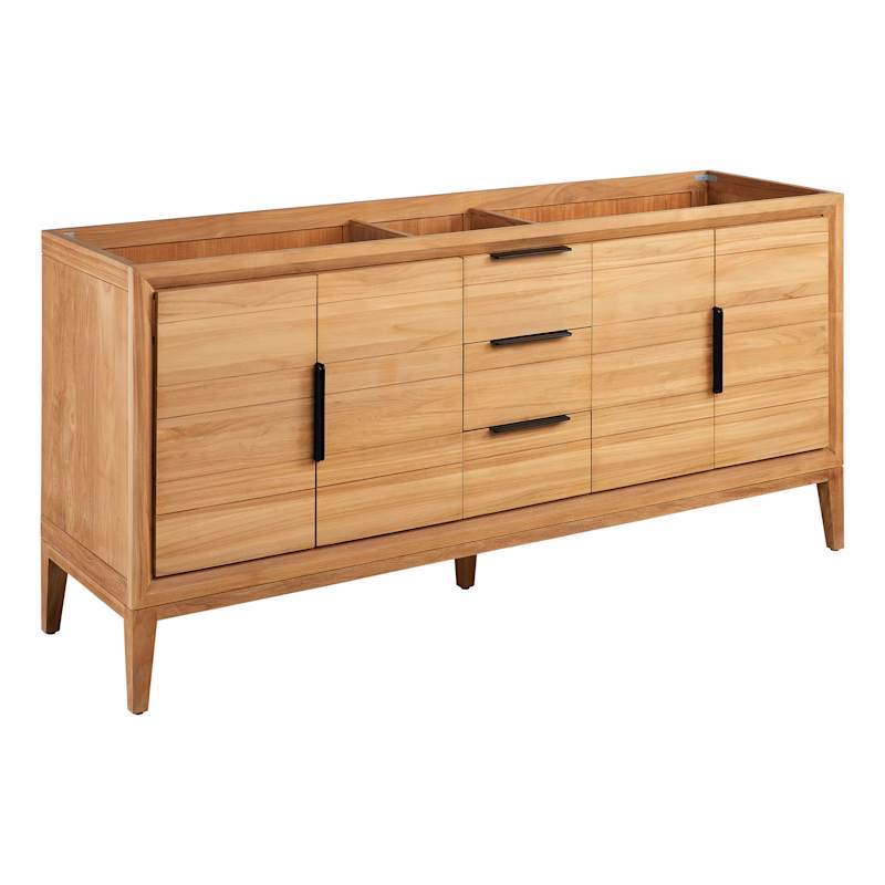 Signature Hardware Aliso 72" Freestanding Teak Double-Basin Vanity Set with Cabinet, Marble Top, and Rectangular Undermount Sinks – Single Faucet Holes
