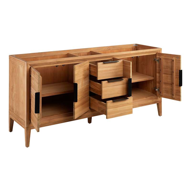 Signature Hardware Aliso 72" Freestanding Teak Double-Basin Vanity Set with Cabinet, Marble Top, and Rectangular Undermount Sinks – Single Faucet Holes