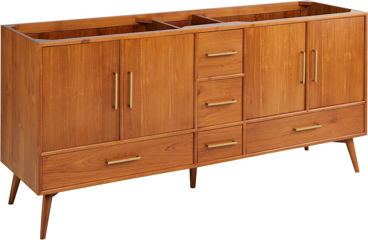 Signature Hardware Novak 72-inch Freestanding Teak Double-Basin Vanity Set with Cabinet, 73-inch Vanity Top, Rectangular Undermount Sinks, Single Faucet Holes