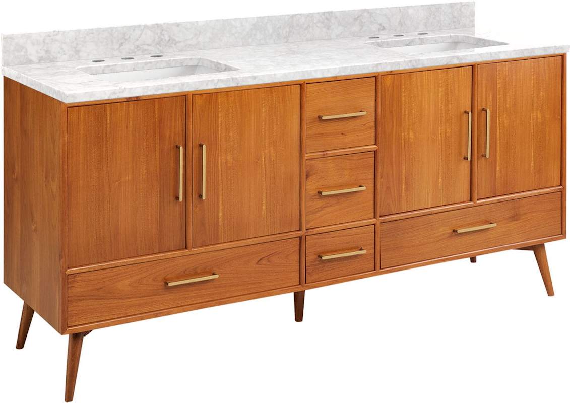 Signature Hardware Novak 72" Freestanding Teak Double Vanity Set with Carrara Marble Top, Rectangular Undermount Sinks, 8" Widespread Faucet Holes