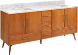 Signature Hardware Novak 72" Freestanding Teak Double Vanity Set with Carrara Marble Top, Rectangular Undermount Sinks, 8" Widespread Faucet Holes
