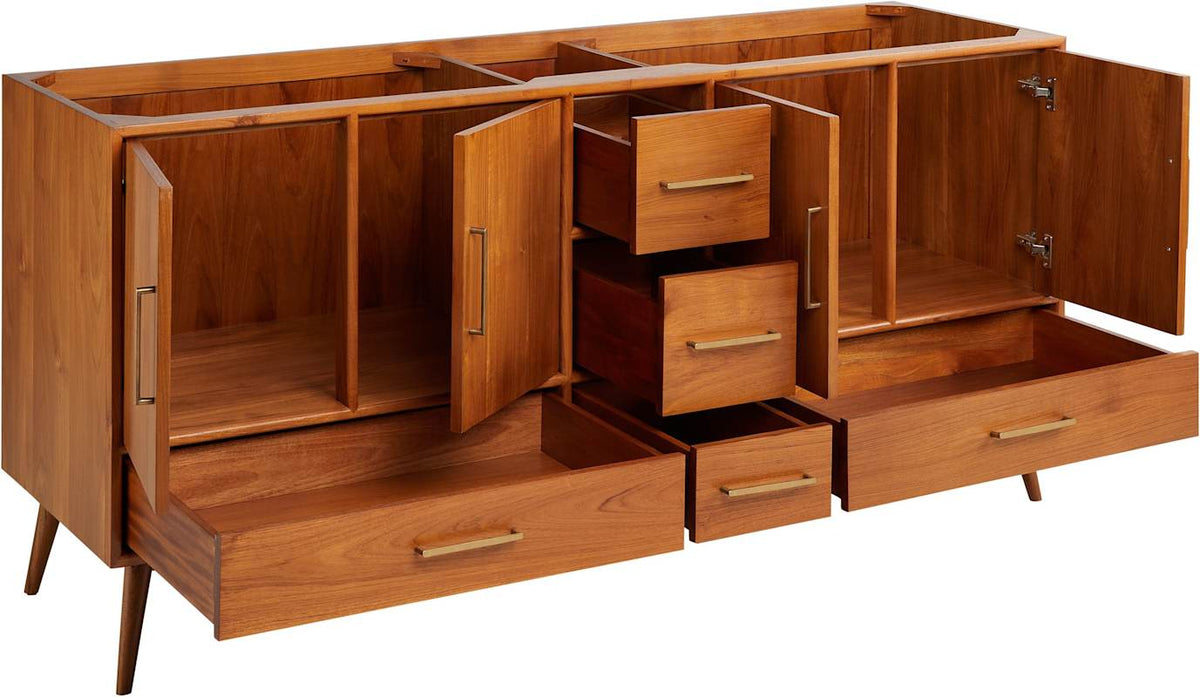 Signature Hardware Novak 72" Freestanding Teak Double Vanity Set with Carrara Marble Top, Rectangular Undermount Sinks, 8" Widespread Faucet Holes