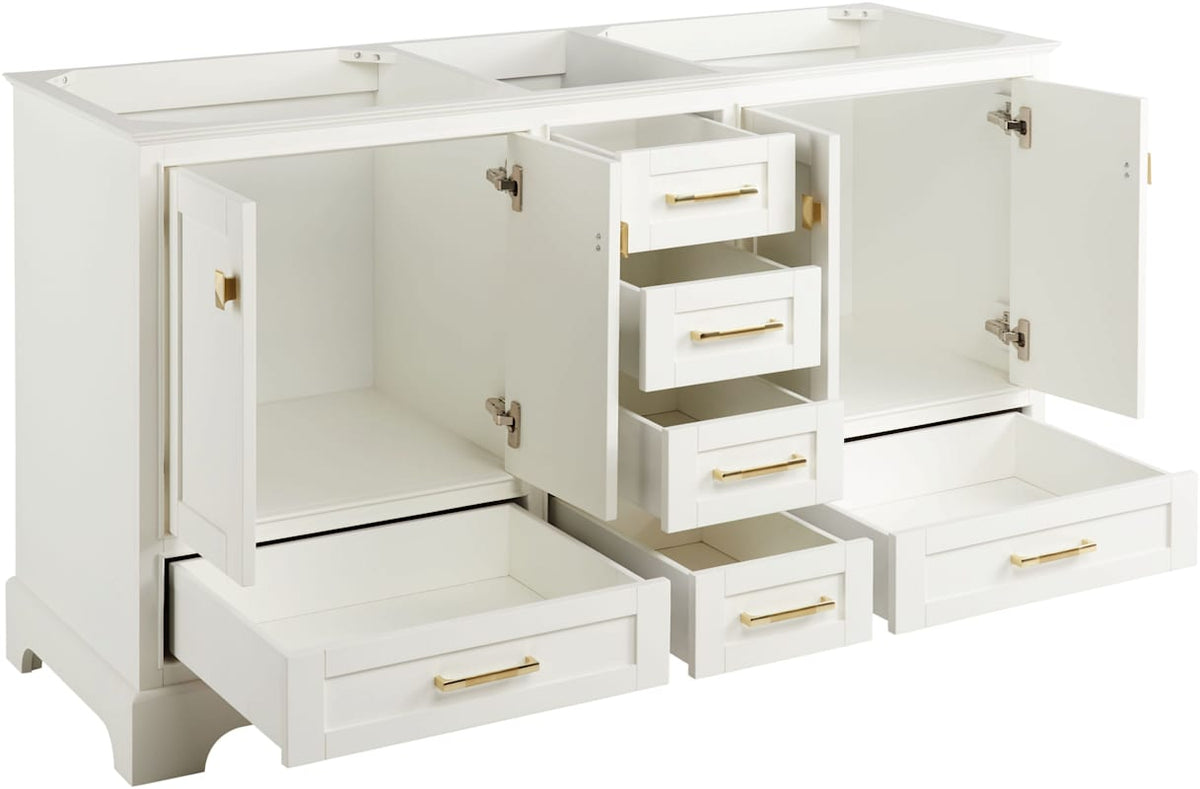 Signature Hardware Quen 60" Freestanding Double-Basin Vanity Set with Cabinet, Carrara Marble Top, and Rectangular Undermount Sinks – 8" Widespread Faucet Holes
