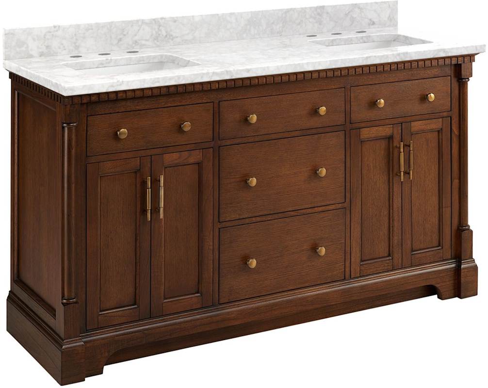 Signature Hardware Claudia 60" Mahogany Double-Basin Vanity Set with Cabinet, Quartz/Marble Top, Rectangular Undermount Sinks, 8" Widespread Faucet Holes