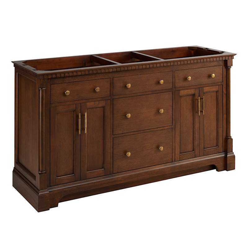 Signature Hardware Claudia 60" Mahogany Double-Basin Vanity Set with Cabinet, Quartz/Marble Top, Rectangular Undermount Sinks, 8" Widespread Faucet Holes