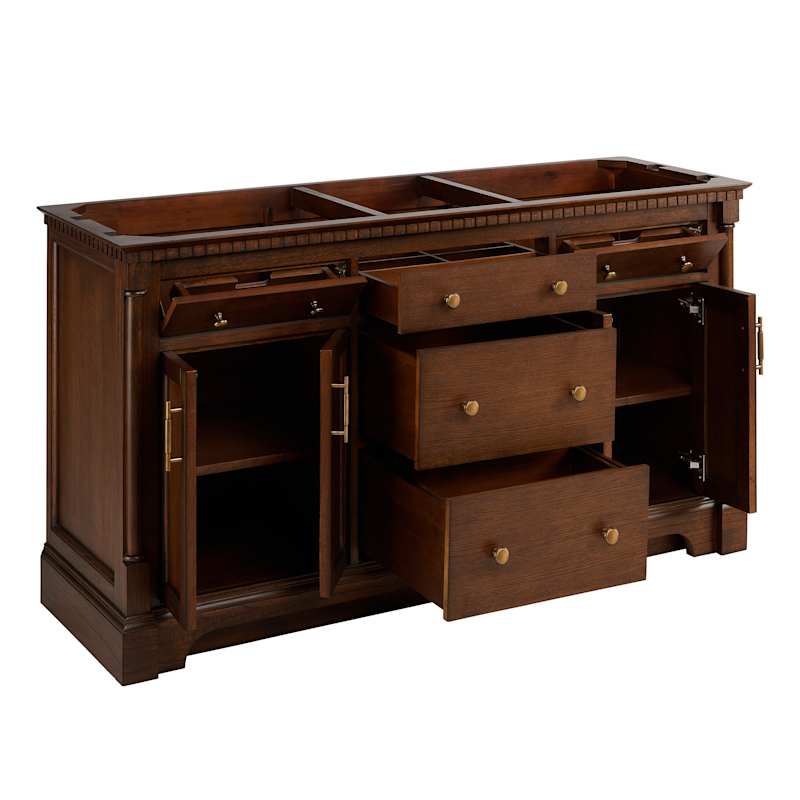 Signature Hardware Claudia 60" Mahogany Double-Basin Vanity Set with Cabinet, Quartz/Marble Top, Rectangular Undermount Sinks, 8" Widespread Faucet Holes