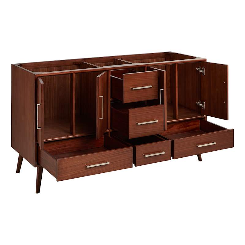 Signature Hardware Novak 60" Double Vanity Set – Mahogany Cabinet, Rectangular Porcelain Sinks, 8" Widespread Faucet Holes