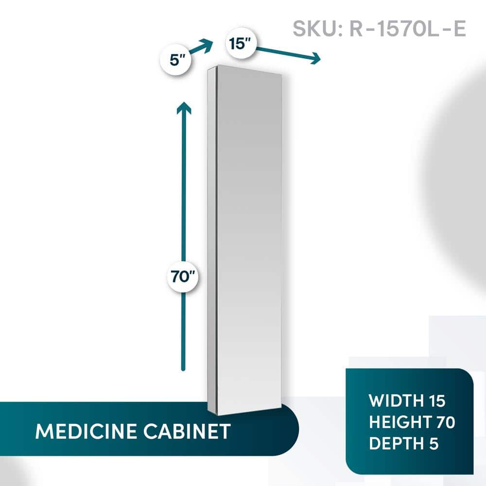 Aquadom Royale 15 in. W x 70 in. H Rectangular Medicine Cabinet with Mirror Defogger, Removable 3X Magnifying Mirror, Left Hinge