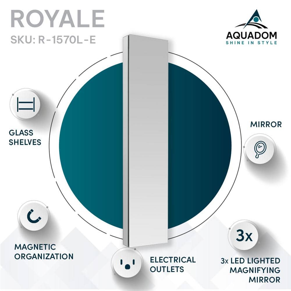 Aquadom Royale 15 in. W x 70 in. H Rectangular Medicine Cabinet with Mirror Defogger, Removable 3X Magnifying Mirror, Left Hinge