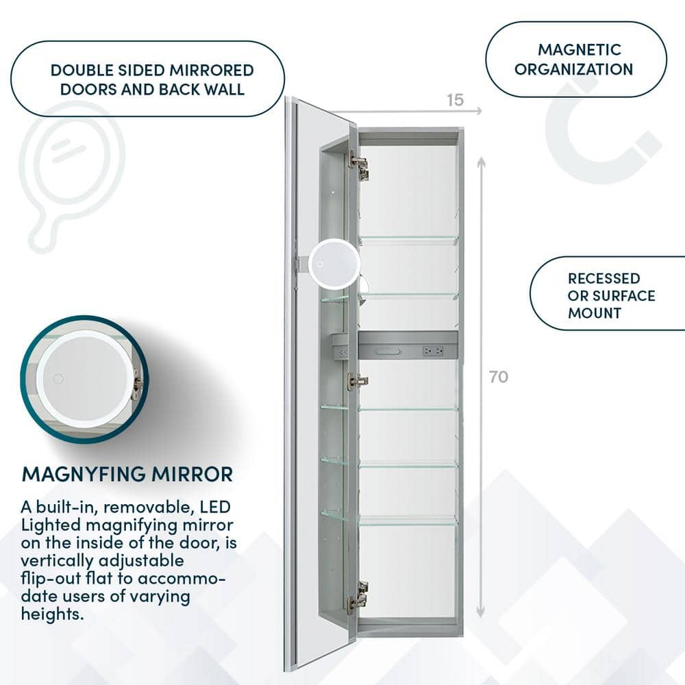 Aquadom Royale 15 in. W x 70 in. H Rectangular Medicine Cabinet with Mirror Defogger, Removable 3X Magnifying Mirror, Left Hinge
