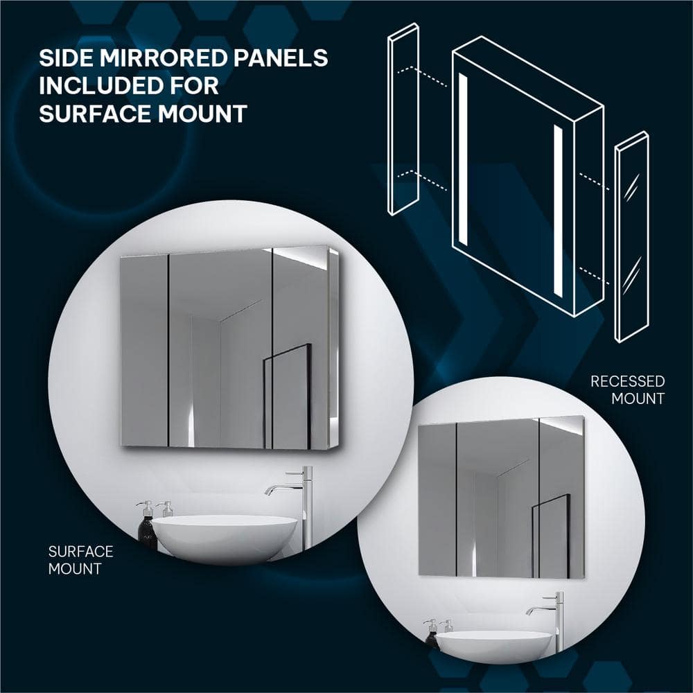 Aquadom Royale 15 in. W x 70 in. H Rectangular Medicine Cabinet with Mirror Defogger, Removable 3X Magnifying Mirror, Left Hinge